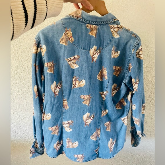 Liz Claiborne Chambray Button Up Horse Print Shirt - Picture 6 of 8